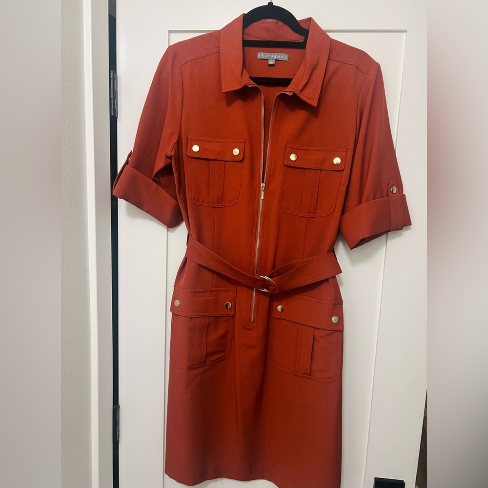 Sharagano Terracotta Belted Midi Dress